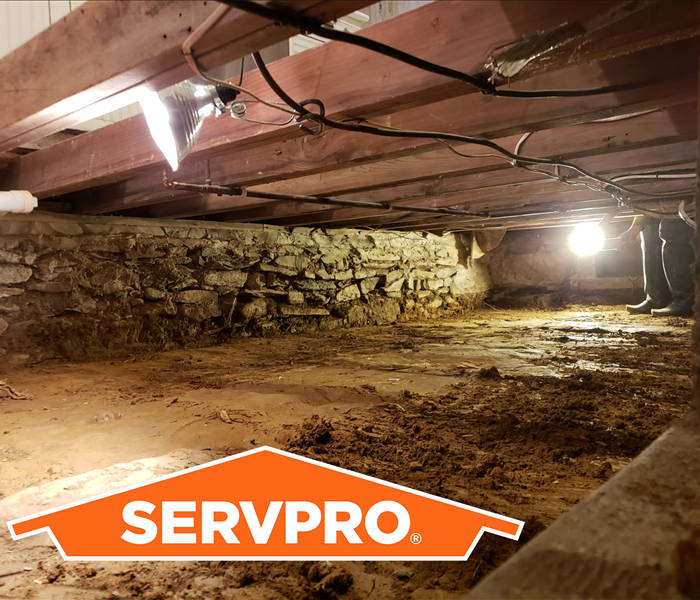 Pictured is a crawlspace that someone in the corner with a flashlight is inspecting.